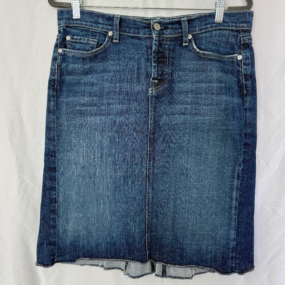 7 For All Mankind Denim Skirt 29 Studded Peacock Raw Hem Y2K Button Fly - Picture 2 of 8